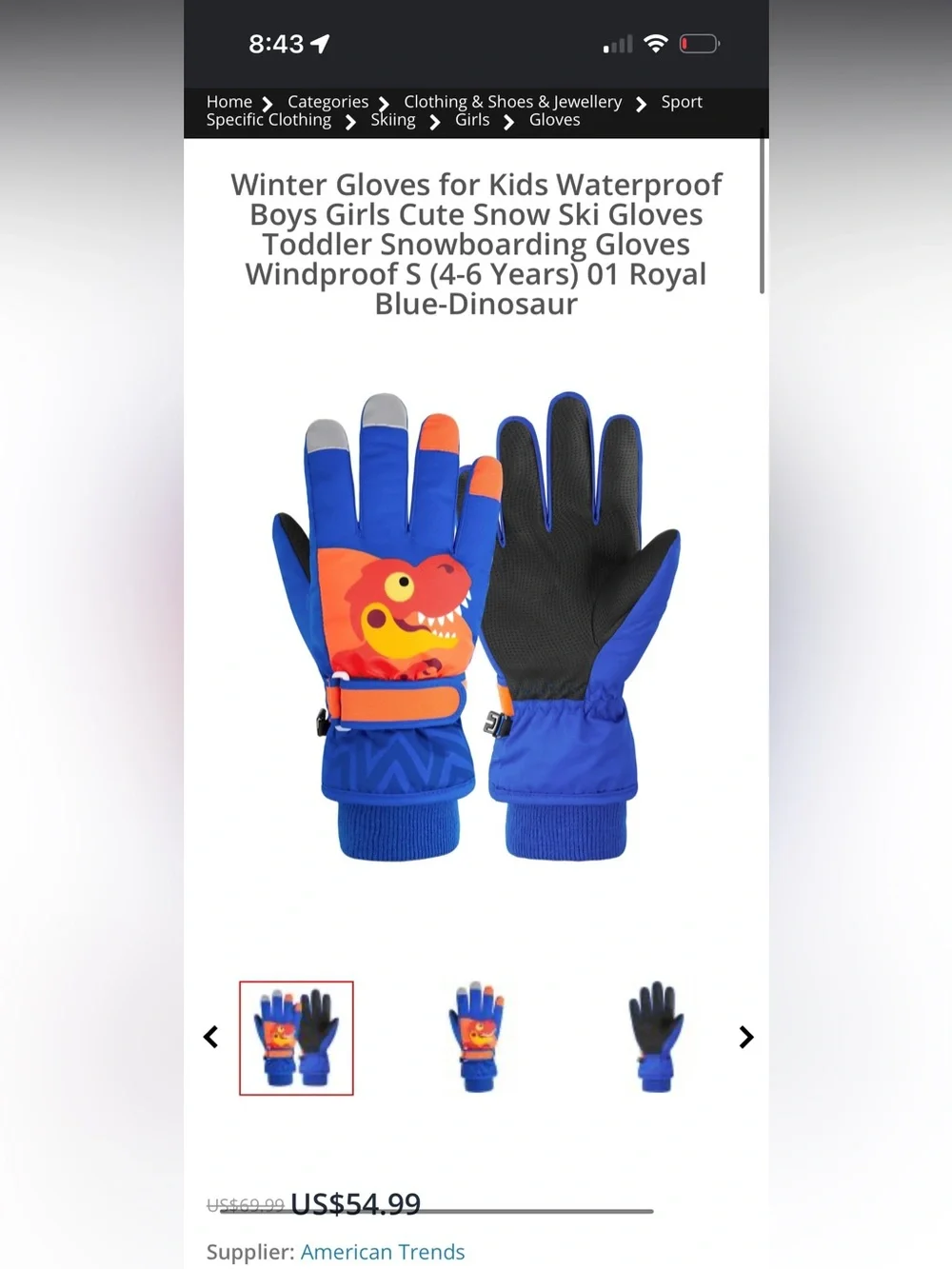 OFFERS OPEN! NWOT Kids ski gloves boys Blue & Orange Dinosaur Ski Gloves